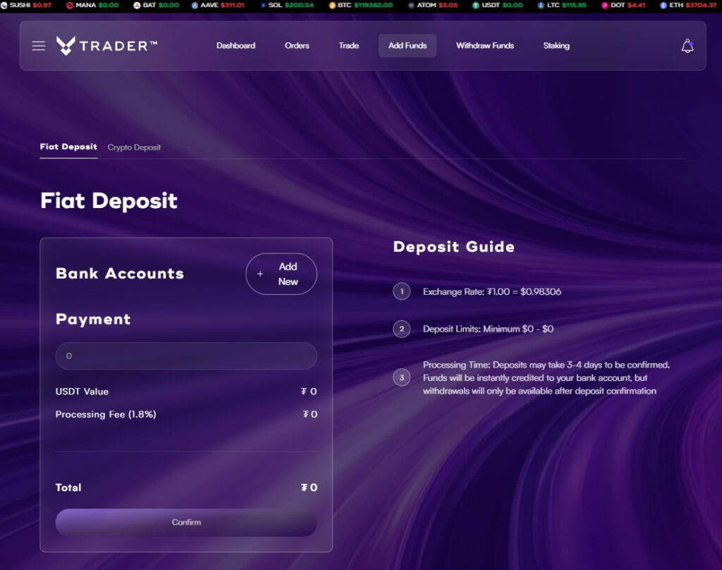 Deposit fiat or crypto funds on VTrader platform