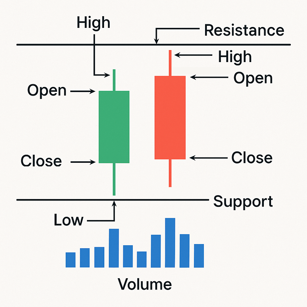 Showing Open High Low and Close on Bullish and Bearish Candlesticks