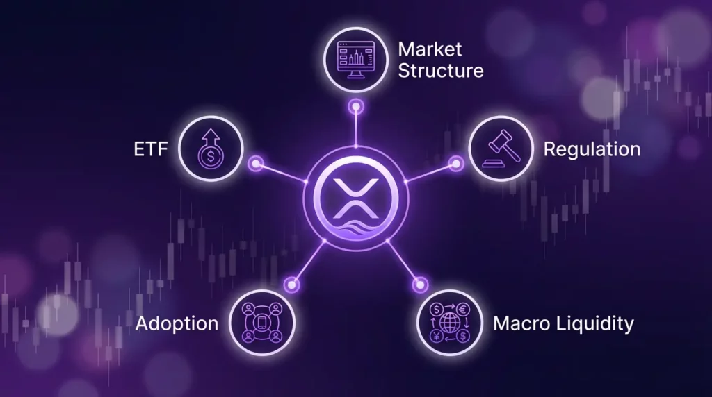 Diagram showing key XRP price catalysts including ETF, SEC regulation, macro liquidity, adoption, and market structure