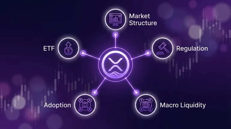 Diagram showing key XRP price catalysts including ETF, SEC regulation, macro liquidity, adoption, and market structure