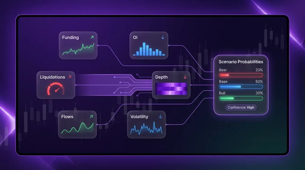 XRP sentiment and liquidity dashboard showing funding rate, open interest, liquidations, flows, and volatility signals