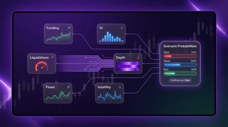 XRP sentiment and liquidity dashboard showing funding rate, open interest, liquidations, flows, and volatility signals