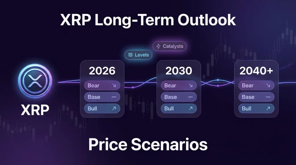 XRP price prediction by year timeline hub showing year-by-year scenario forecasts and navigation to detailed year pages