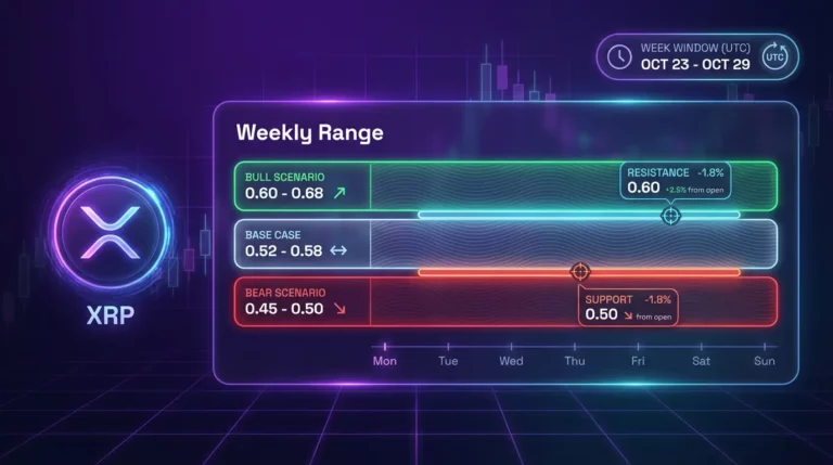 XRP price prediction this week showing weekly range forecast, scenarios, and key support and resistance zones