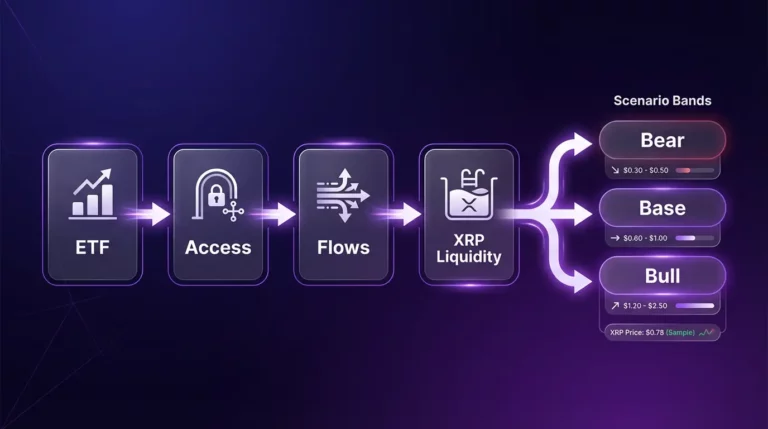 Diagram showing how an XRP ETF could affect demand, liquidity, and bullish or bearish price scenarios