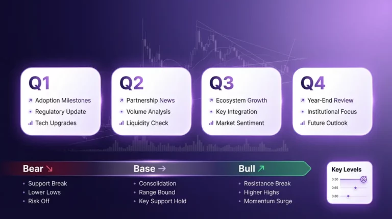 XRP 2026 forecast timeline with bullish, base, and bearish scenario ranges and key technical levels