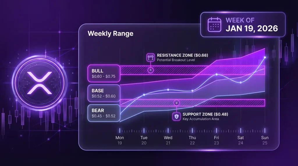 XRP weekly forecast for Jan 19, 2026 showing weekly range scenarios and key support and resistance zones