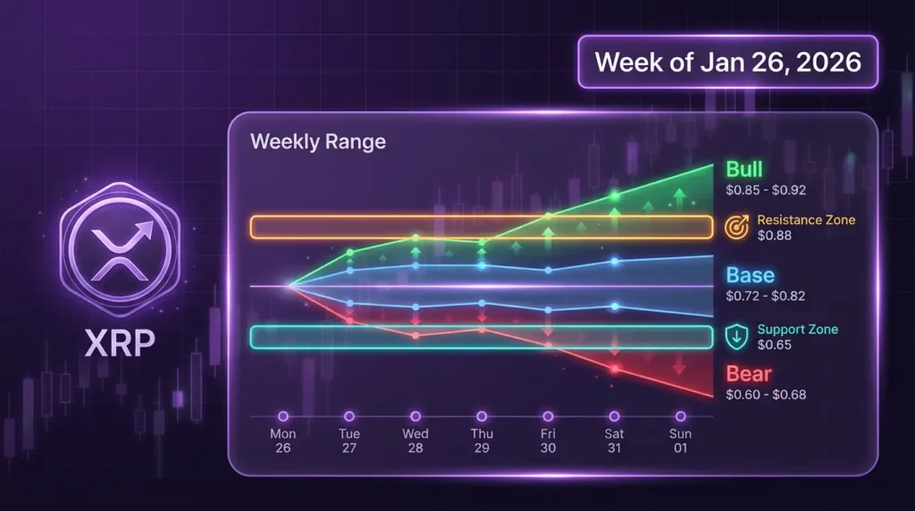 XRP weekly forecast for Jan 26, 2026 showing weekly range scenarios and key support and resistance zones