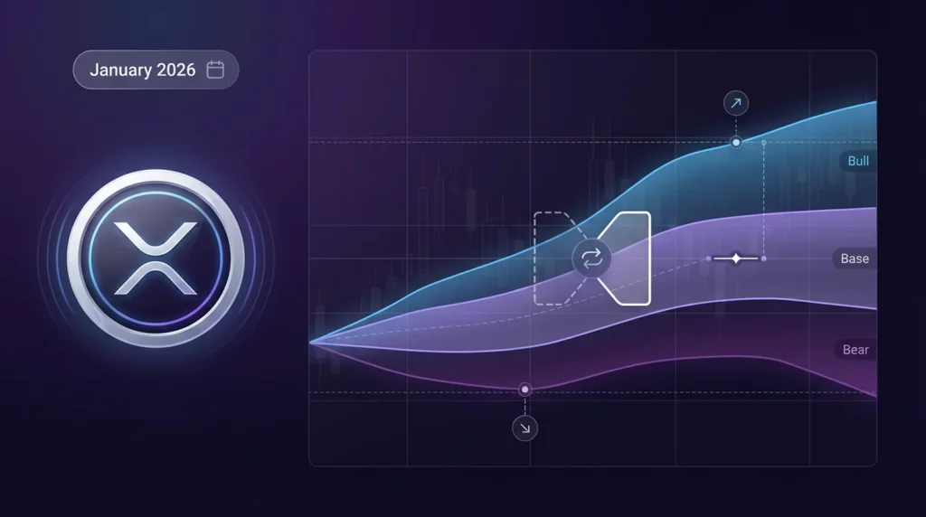 XRP monthly update for January 2026 showing forecast changes, monthly range scenarios, and key support and resistance levels