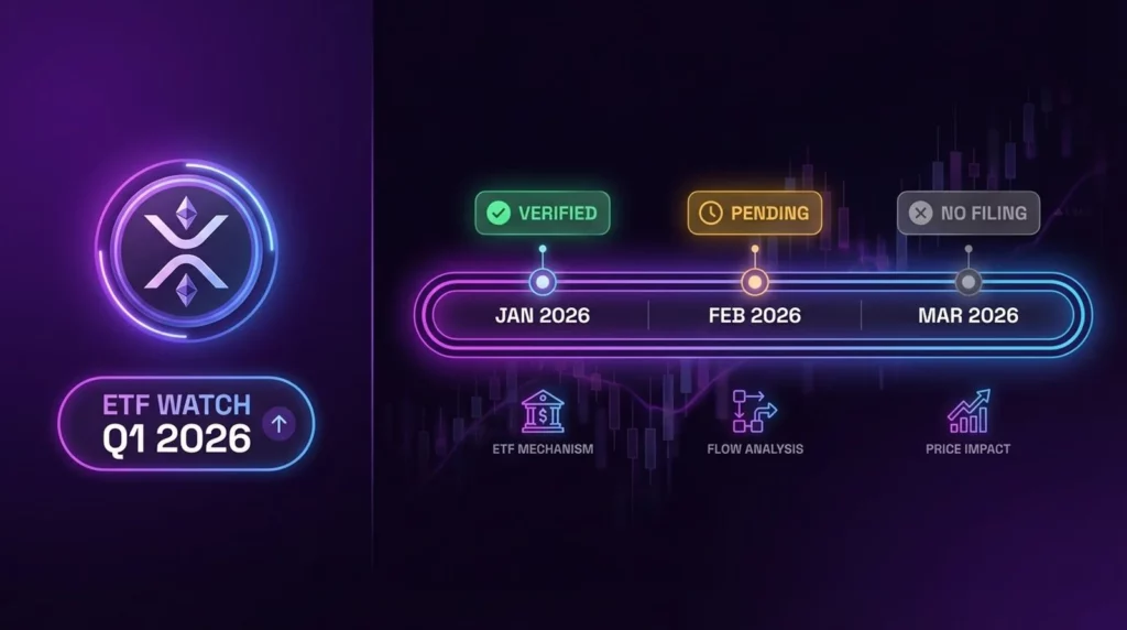 XRP ETF Watch Q1 2026 showing timeline milestones and potential price impact mechanisms