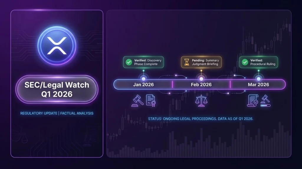 XRP SEC and legal watch Q1 2026 showing regulatory timeline milestones and forecast implications