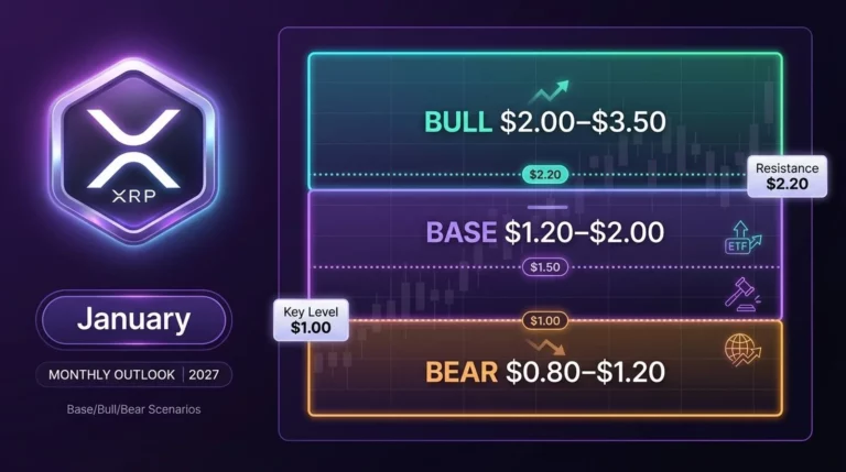 XRP price prediction for January showing base bull and bear scenarios with key support and resistance levels