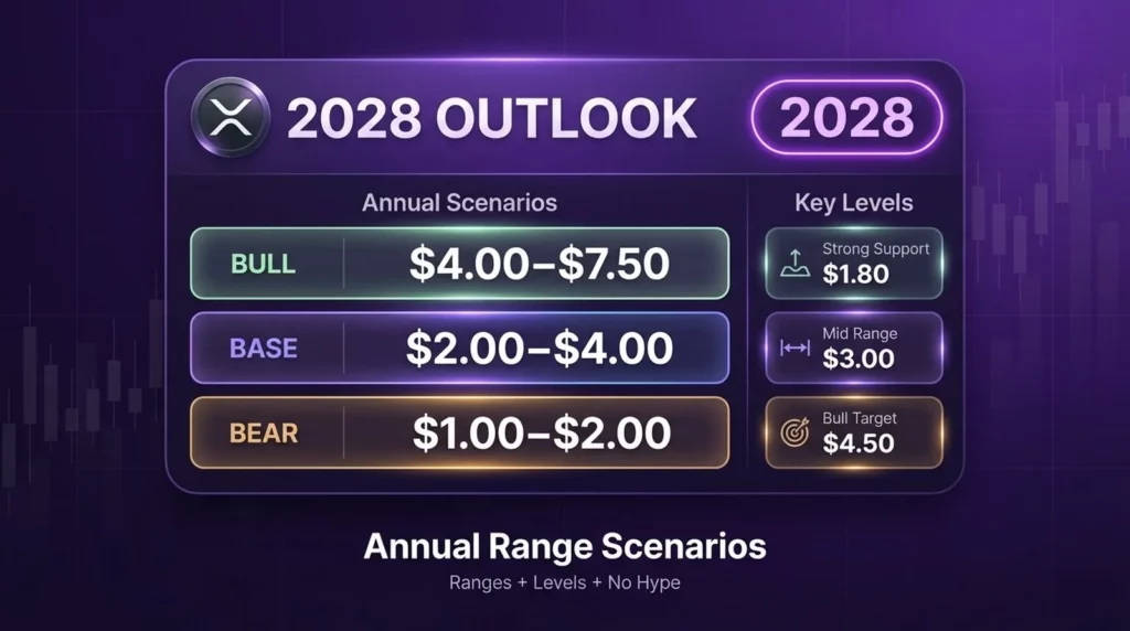 XRP price prediction 2028 showing base bull and bear scenarios with key support and resistance levels