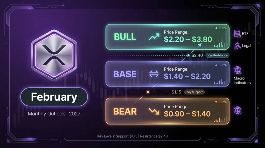 XRP price prediction for February showing base bull and bear scenarios with key support and resistance levels