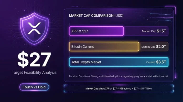 Market cap math for XRP at 27 dollars showing feasibility scenarios and required conditions