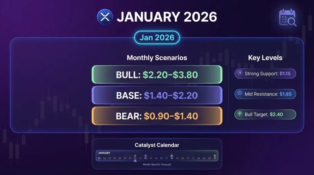 XRP price prediction January 2026 showing monthly forecast scenarios with key support and resistance levels