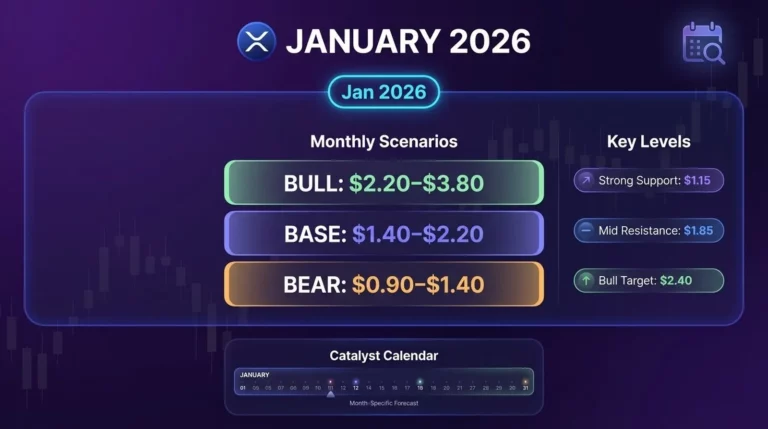 XRP price prediction January 2026 showing monthly forecast scenarios with key support and resistance levels