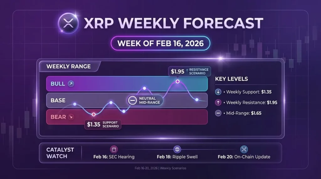 XRP weekly forecast for Feb 16 2026 showing support resistance levels and catalysts