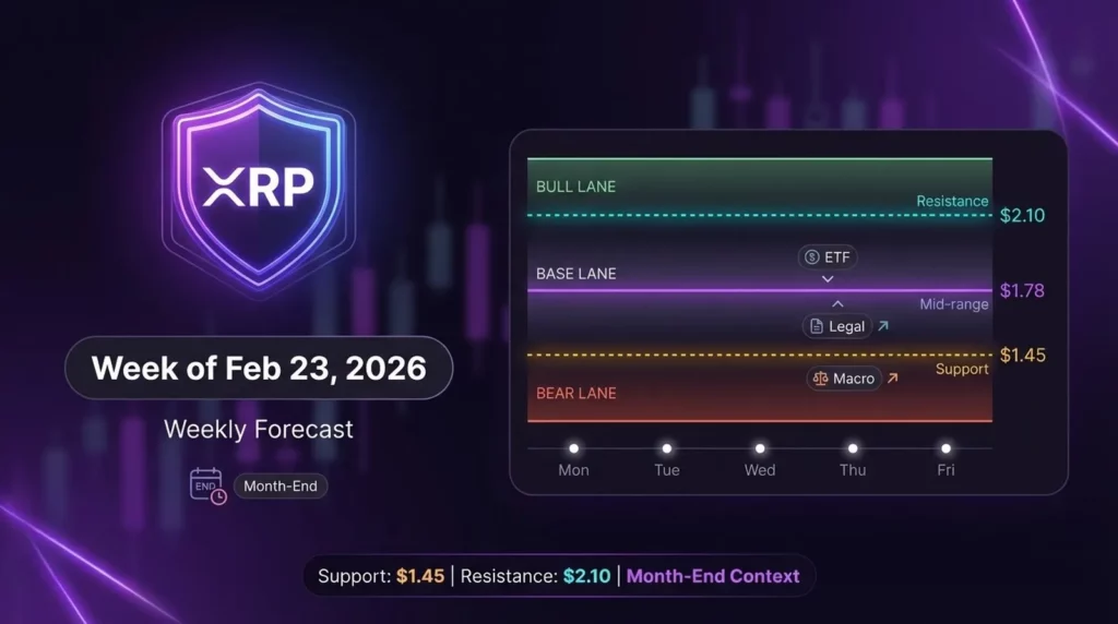 XRP weekly forecast for Feb 23 2026 with support resistance levels catalysts and month-end context