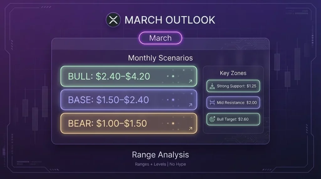 XRP price prediction for March showing base bull and bear scenarios with key support and resistance levels