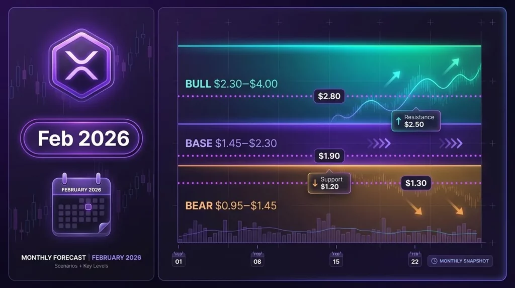 XRP price prediction February 2026 showing monthly forecast scenarios with key support and resistance levels