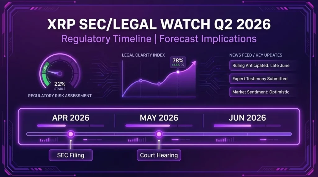 XRP SEC legal watch Q2 2026 showing regulatory timeline scenario impacts and forecast implications