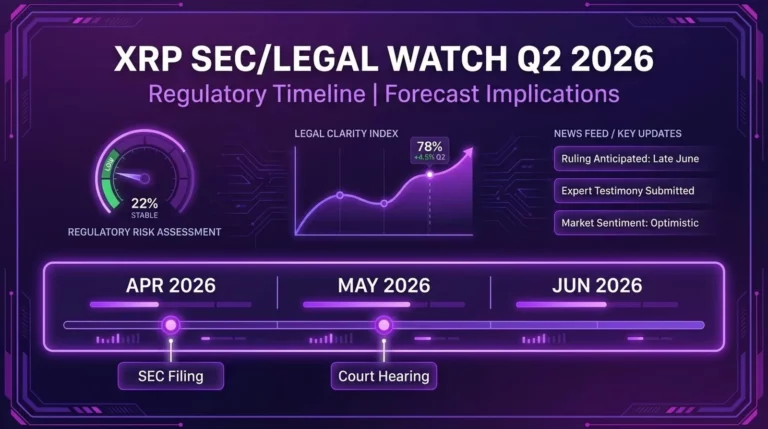 XRP SEC legal watch Q2 2026 showing regulatory timeline scenario impacts and forecast implications